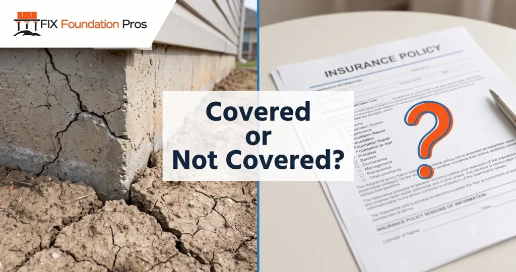 Fix Foundation Pros featured image displaying a severely cracked concrete slab foundation alongside an insurance policy, asking if foundation repair is covered by homeowners insurance in Texas.