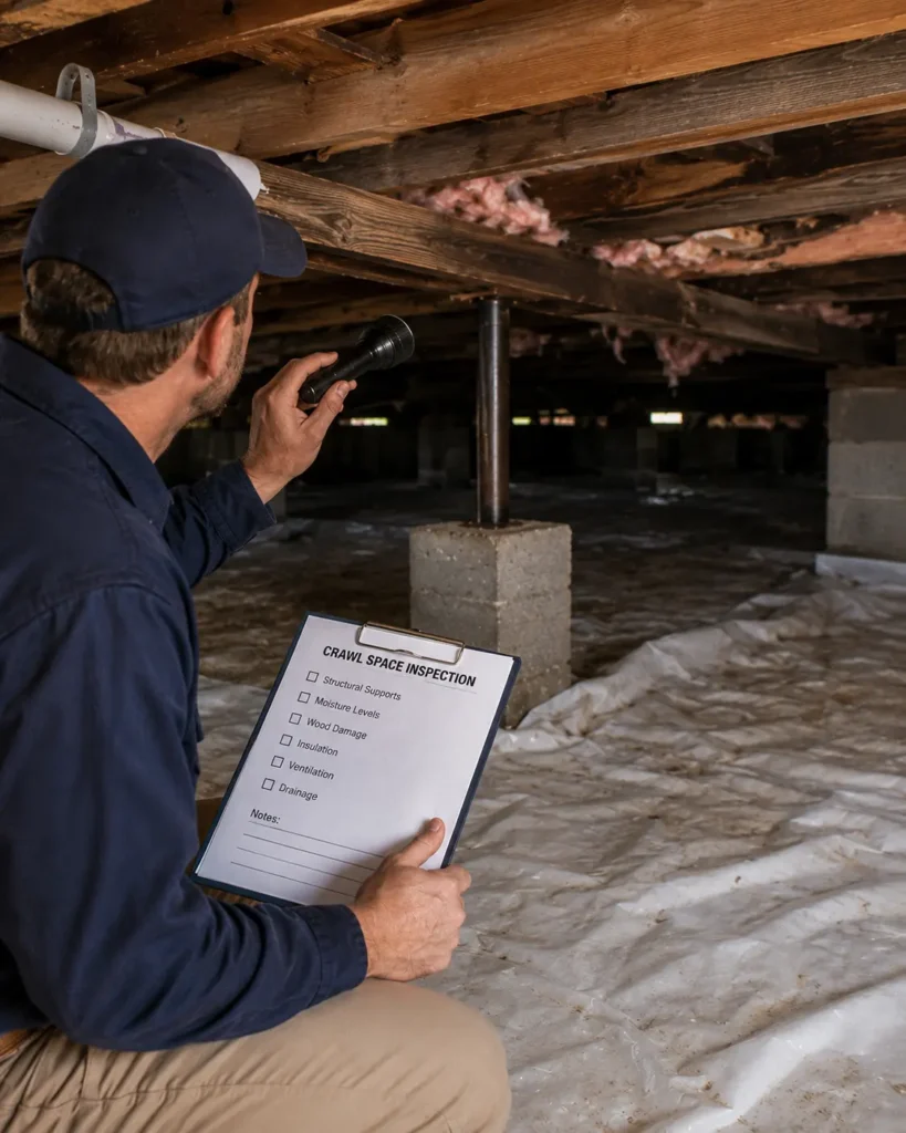 Contractor inspecting crawl space structural supports and moisture conditions to assess repair costs
