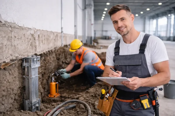 Commercial Foundation Repair Wichita Falls contractors installing structural support piers inside commercial building