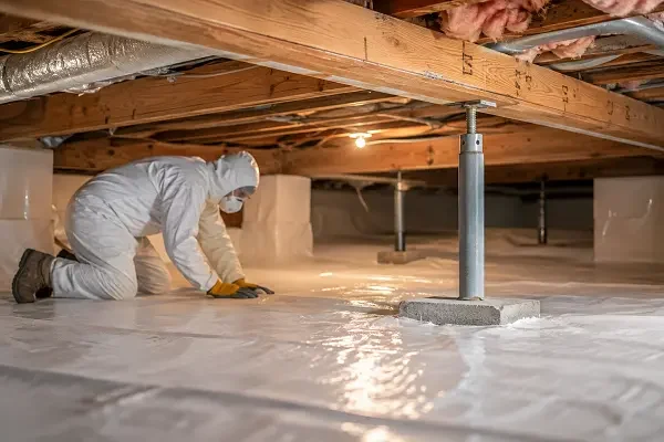 Technician encapsulating a crawl space with a vapor barrier and support jacks to prevent moisture damage and stabilize a home's foundation in Wichita falls.