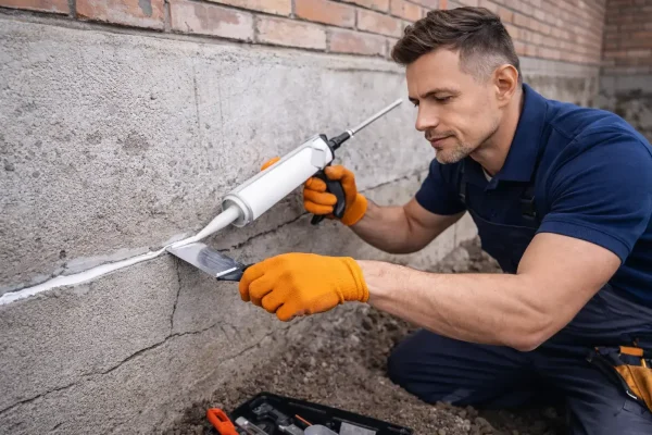 Foundation crack repair technician sealing structural crack in residential concrete foundation wall