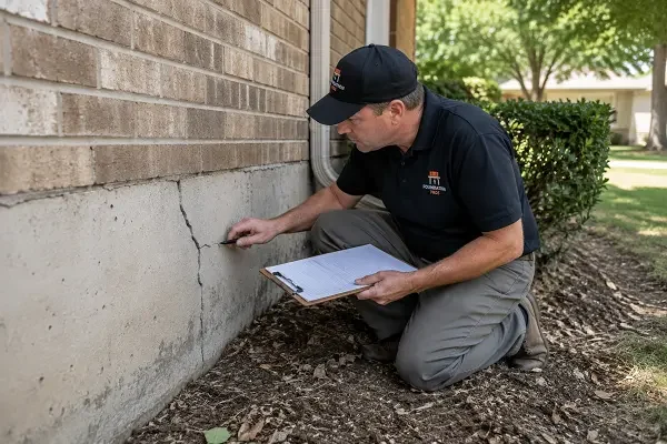 Foundation inspector examining a cracked residential foundation and assessing structural movement during a foundation inspection in Wichita Falls, TX.