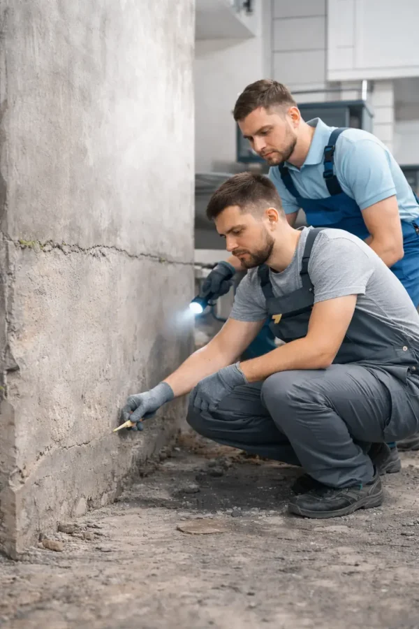 Foundation repair technicians inspecting a cracked residential foundation wall in Wichita Falls to assess structural damage.