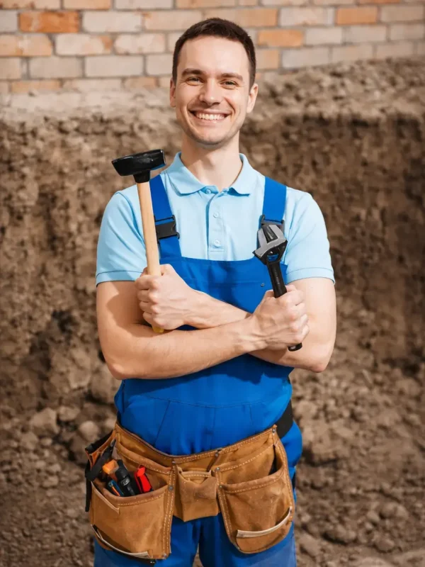 Foundation repair specialist standing at a residential job site with tools ready for structural repair.