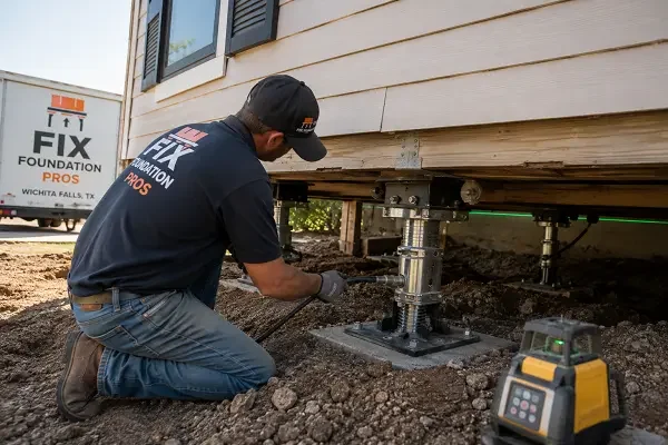 Foundation technician leveling a residential house with hydraulic jacks and structural support piers in Wichita falls.