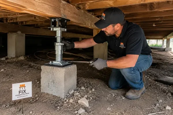 Foundation technician adjusting support piers beneath a pier and beam home to restore structural stability in Wichita falls.