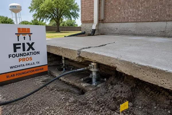 Slab foundation repair in Wichita Falls, TX using hydraulic lifting equipment to level and stabilize a cracked concrete foundation beside a residential home.
